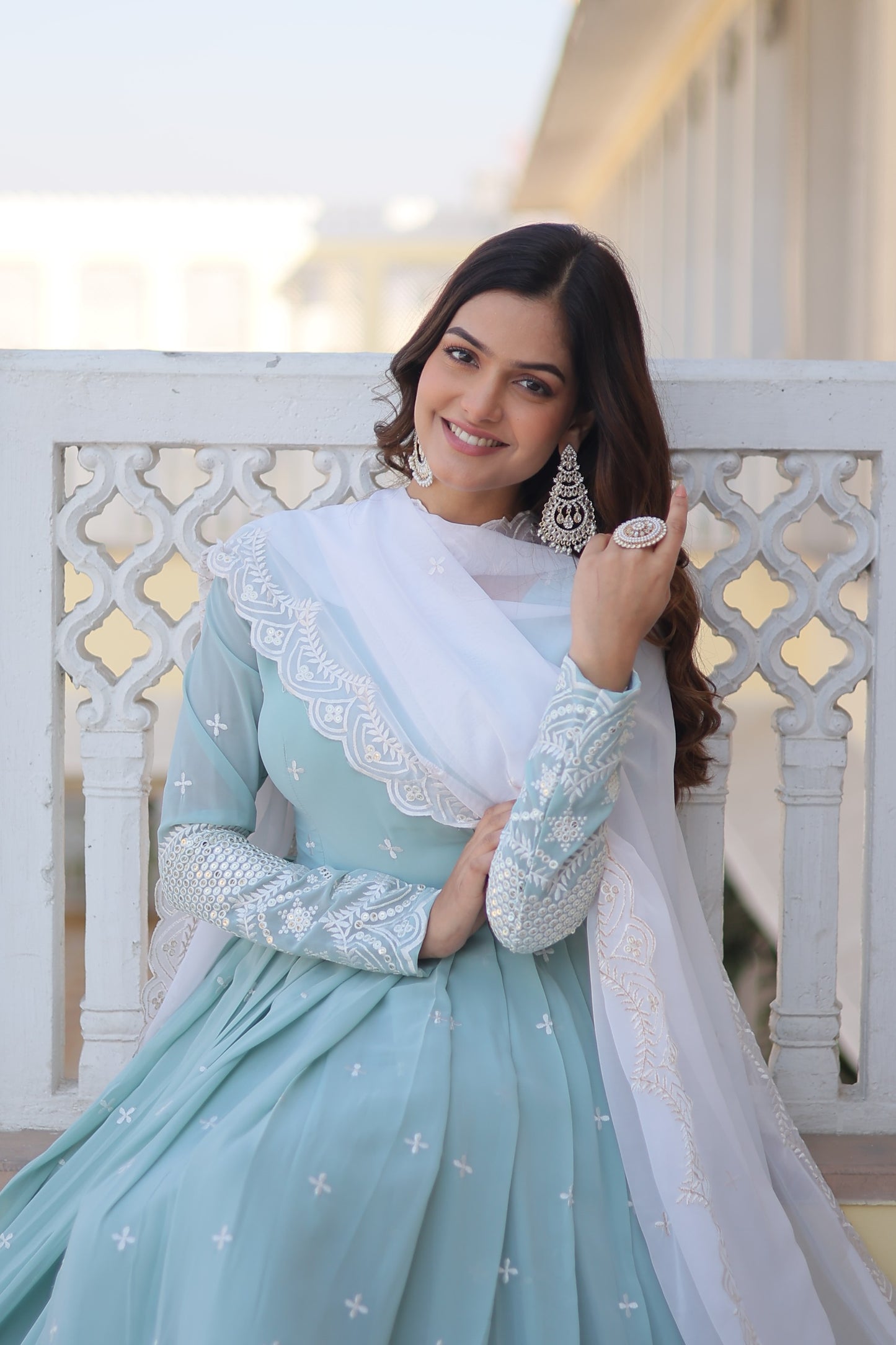 DAZZLING DIAMOND SKY BLUE- WHITE ANARKALI GOWN WITH DUPATTA