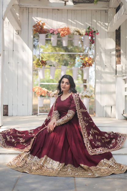 DARK MAROON COLOR VICHITRA SHIMMER ANARKALI GOWN WITH EMBROIDERY DUPATTA