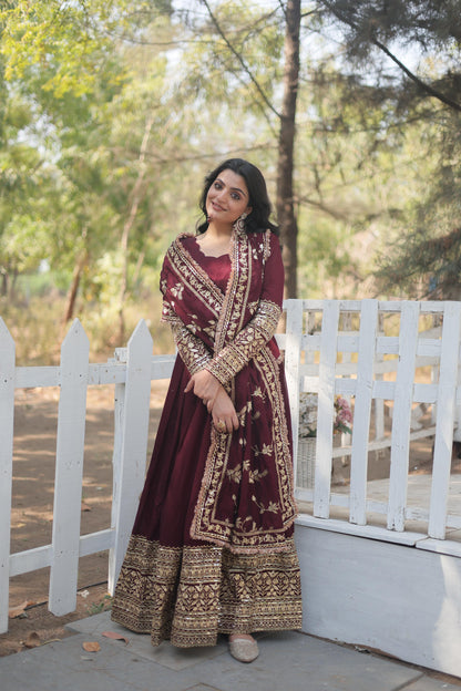 DARK MAROON COLOR VICHITRA SHIMMER ANARKALI GOWN WITH EMBROIDERY DUPATTA