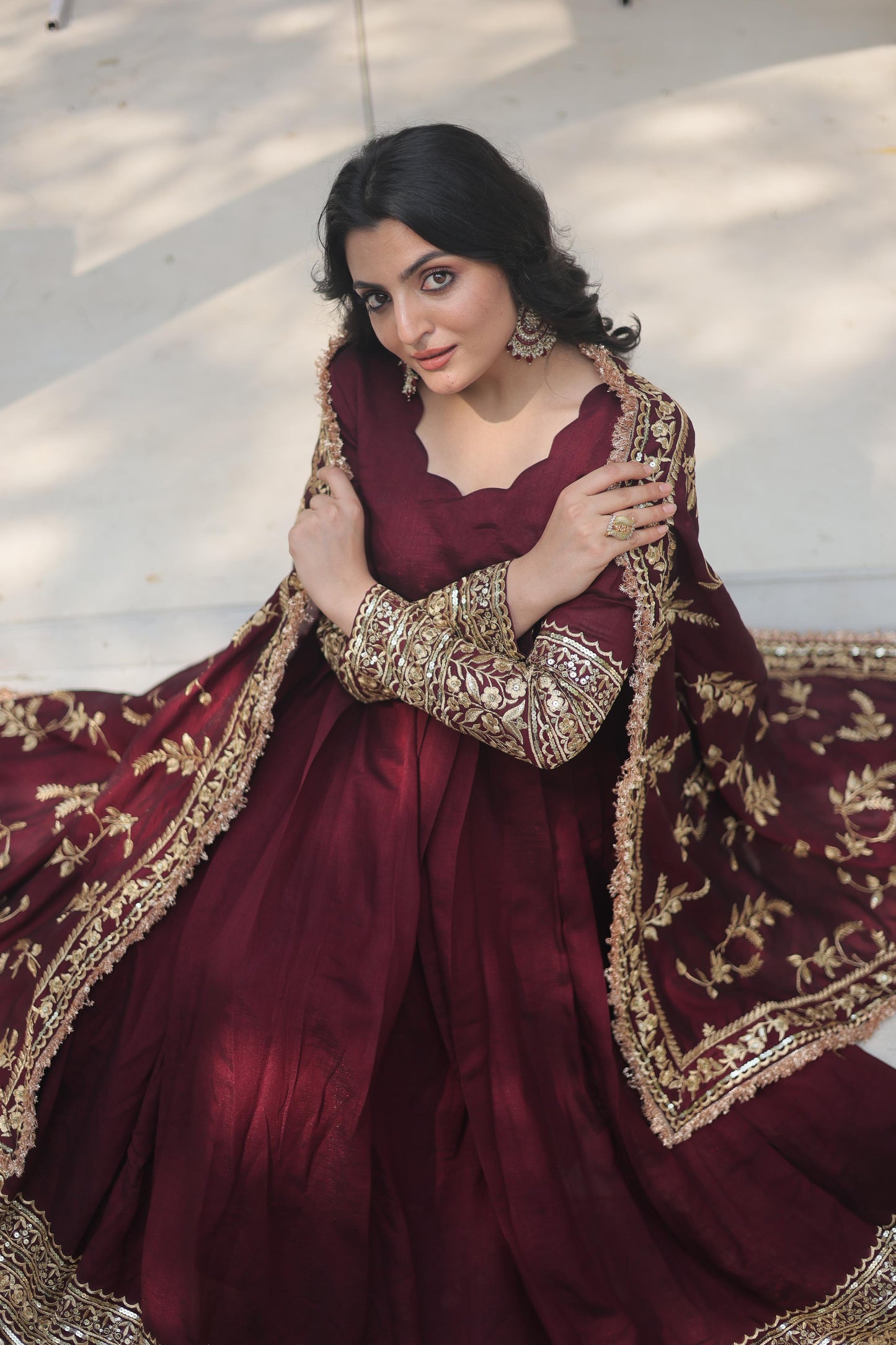 DARK MAROON COLOR VICHITRA SHIMMER ANARKALI GOWN WITH EMBROIDERY DUPATTA