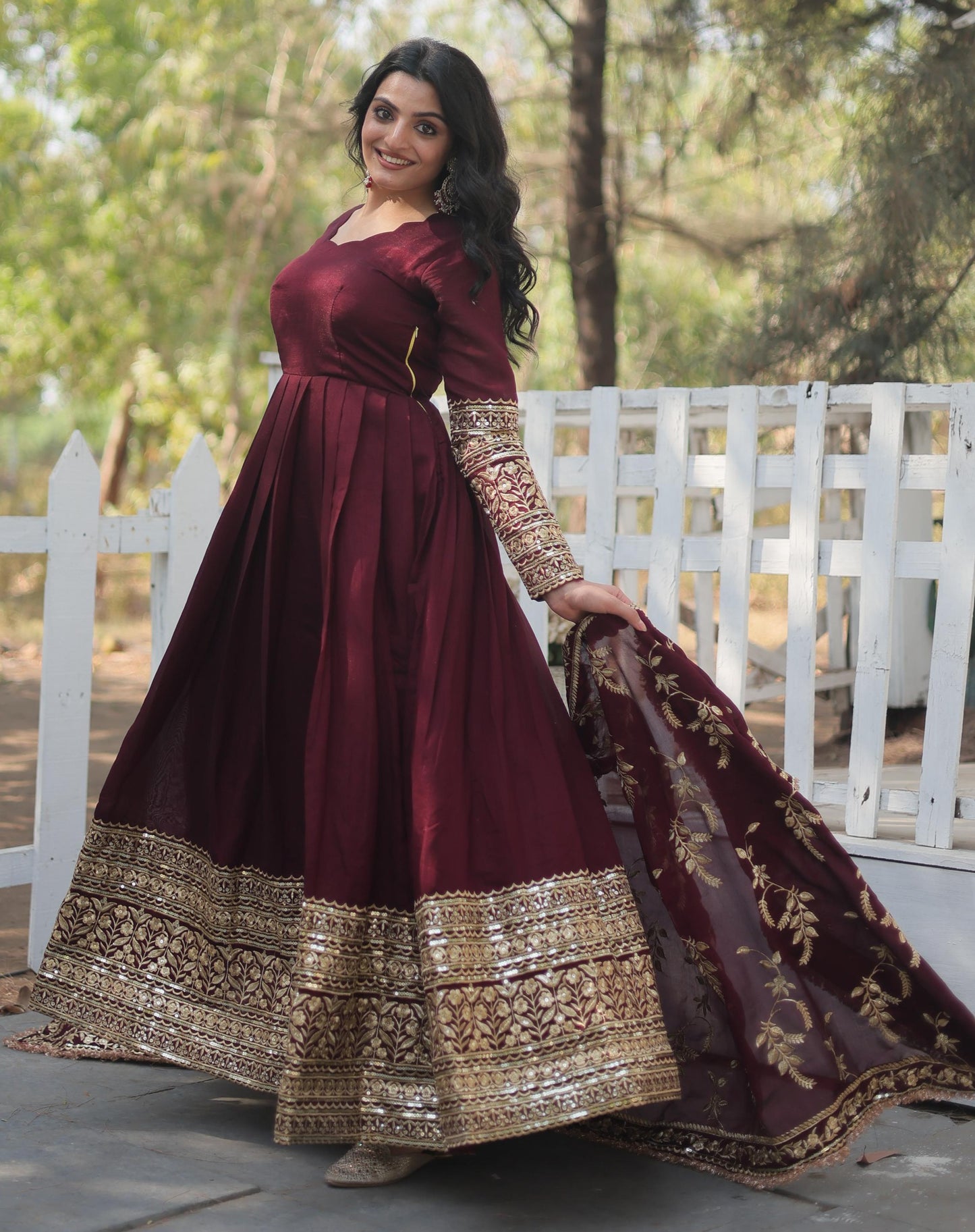 DARK MAROON COLOR VICHITRA SHIMMER ANARKALI GOWN WITH EMBROIDERY DUPATTA