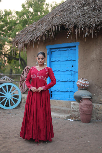 ROYAL RUBY RED MIRROR WORK ANARKALI GOWN