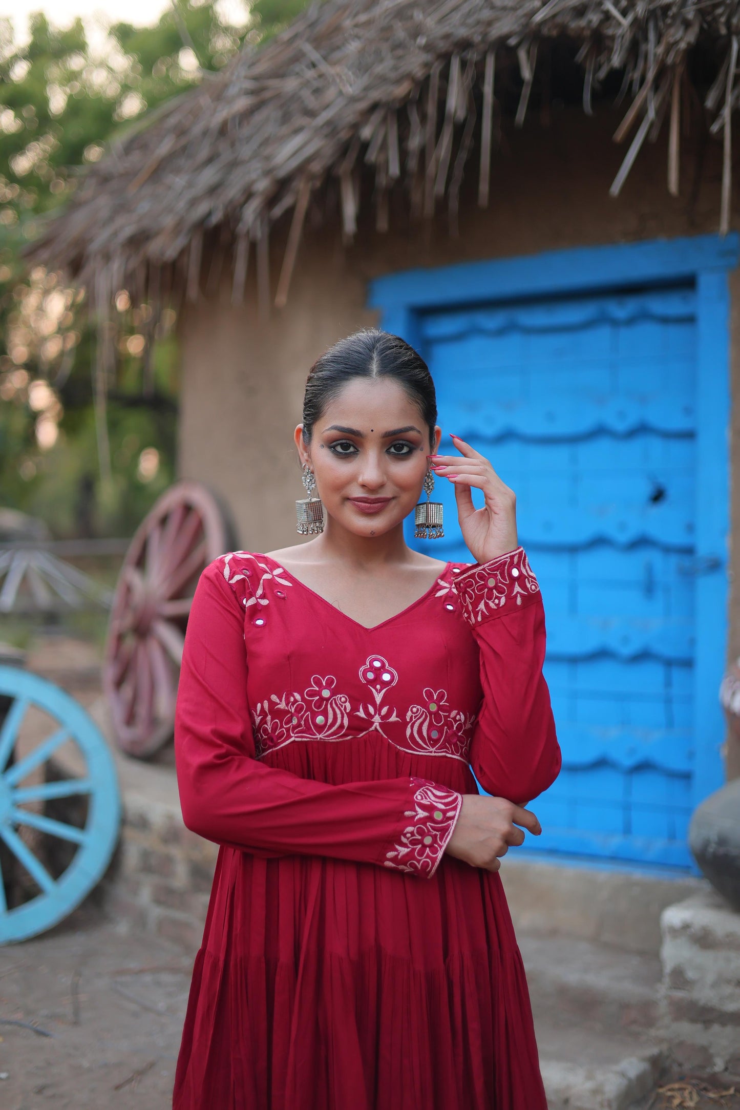 ROYAL RUBY RED MIRROR WORK ANARKALI GOWN