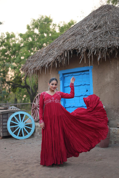 ROYAL RUBY RED MIRROR WORK ANARKALI GOWN