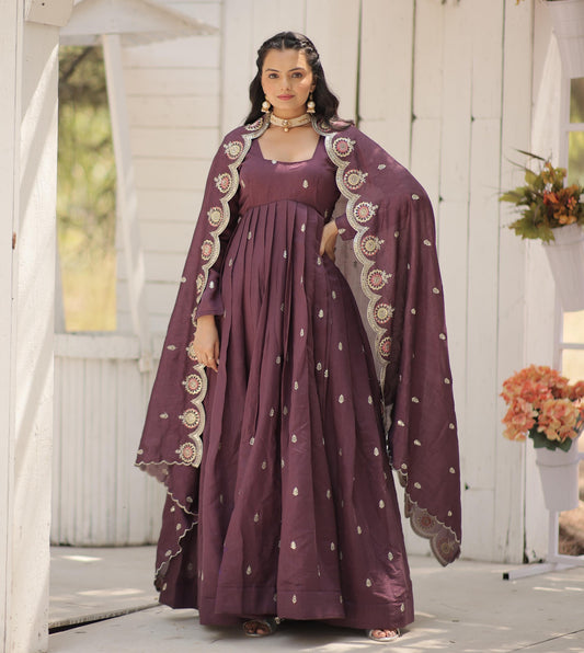 PURE PERIWINKLE ONION COLOR ARCOCUT WORK ANARKALI GOWN WITH DUPATTA