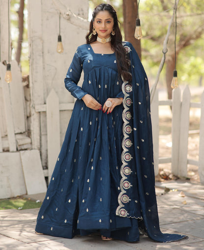 PURE PERIWINKLE RAMA COLOR ARCOCUT WORK ANARKALI GOWN WITH DUPATTA