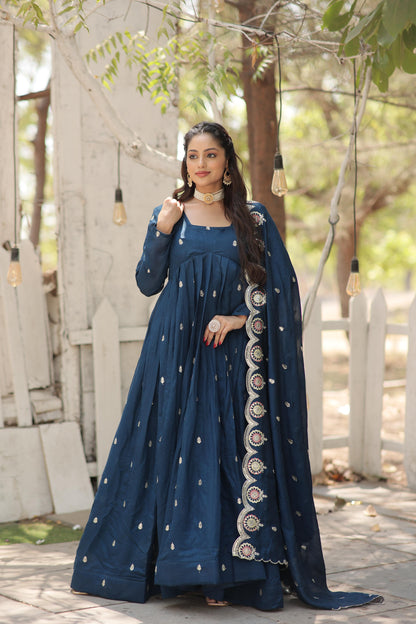 PURE PERIWINKLE RAMA COLOR ARCOCUT WORK ANARKALI GOWN WITH DUPATTA