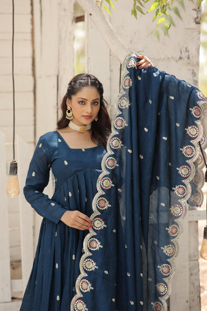 PURE PERIWINKLE RAMA COLOR ARCOCUT WORK ANARKALI GOWN WITH DUPATTA