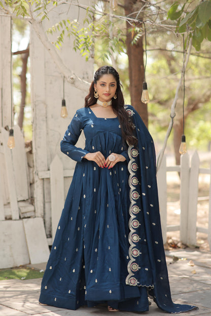 PURE PERIWINKLE RAMA COLOR ARCOCUT WORK ANARKALI GOWN WITH DUPATTA