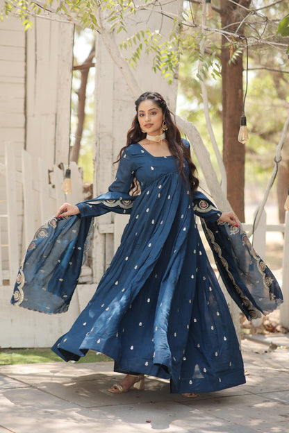 PURE PERIWINKLE RAMA COLOR ARCOCUT WORK ANARKALI GOWN WITH DUPATTA