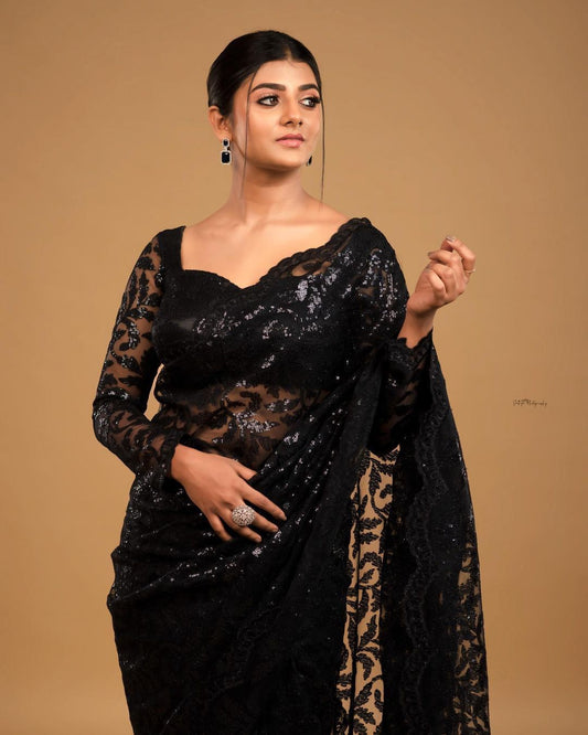 BLACK COLOR SOFT NET ESEQUINS EMBROIDERY WORK  SAREE