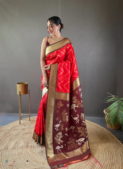 RED COLOR PURE SOFT SILKWITH ZIGZAG VISCOSE ZARI DESIGN SAREE