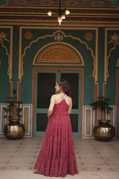 BANDHANI PRINT  RED  ANARKALI GOWN