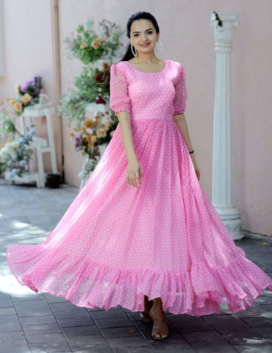 CAPTIVATING CARMINE PRINTED GEORGETTE LIGHT PINK ANARKALI GOWN