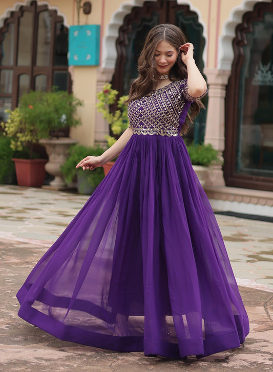 PURPLE COLOR FUX GEORGETTEB ZARI SHINE ANARKALI GOWN