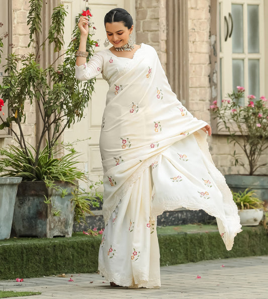 WHITE CUTWORK MONOTONE FLORAL SAREE