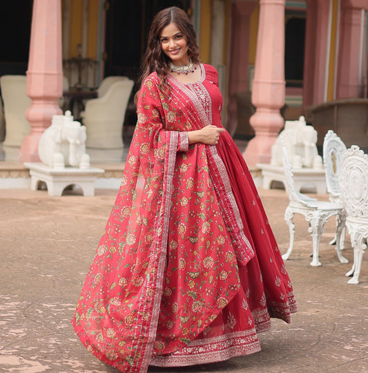 MAROON COLOR KALAMKARI CHINON EMBROIDERED  ANARKALI GOWN