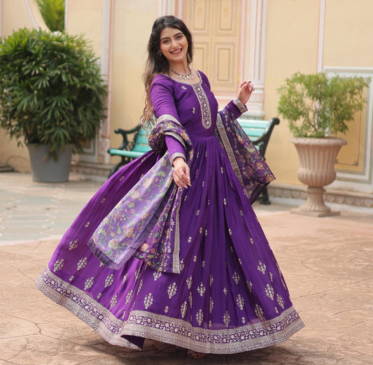 PURPLE COLOR KALAMKARI CHINON EMBROIDERED  ANARKALI GOWN