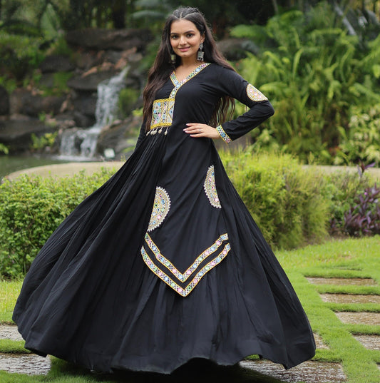 BLACK RAYON WITH KUTCHI GAMTHI LACE NAVARATRI GOWN