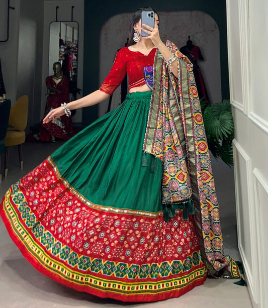 GREEN DOLA SILK PRINTED WITH FOIL WORK NAVRATRI LEHENGA