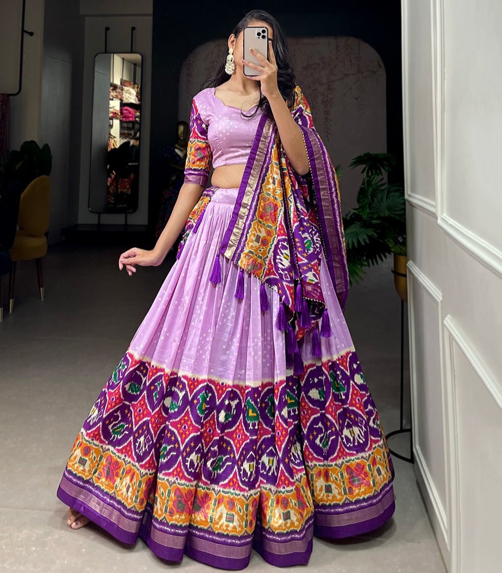 TUSSAR SILK PATOLA PRINT WITH FOIL WORK LAVENDER  COLOR LEHENGA CHOLI