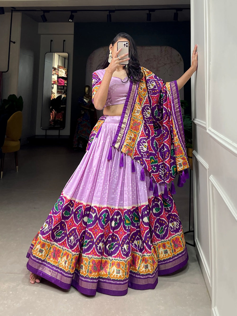 TUSSAR SILK PATOLA PRINT WITH FOIL WORK LAVENDER  COLOR LEHENGA CHOLI