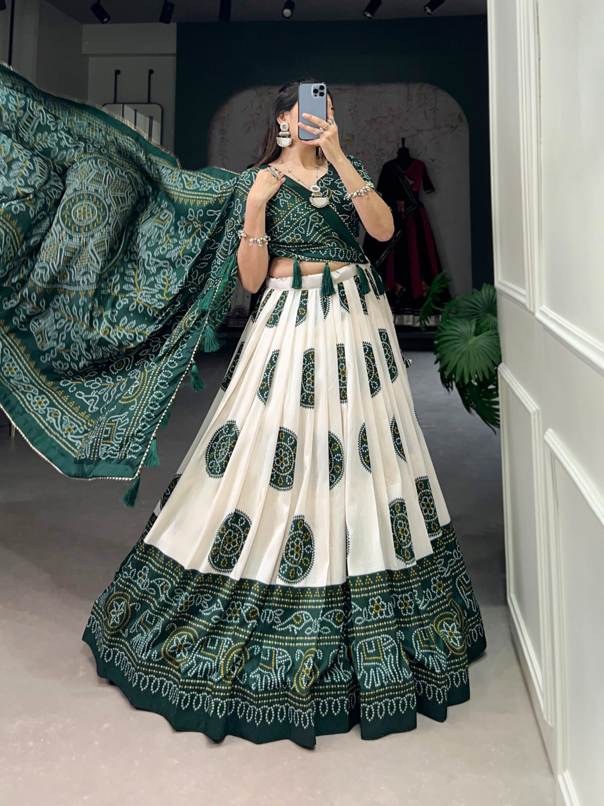 GREEN COLOR BANDHEJ PRINT WITH TUSSAR SILK LEHENGA CHOLI