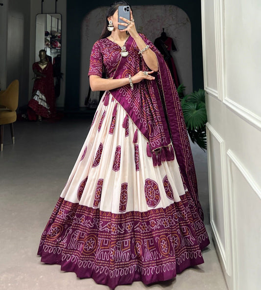 WINE COLOR BANDHEJ PRINT WITH TUSSAR SILK LEHENGA CHOLI