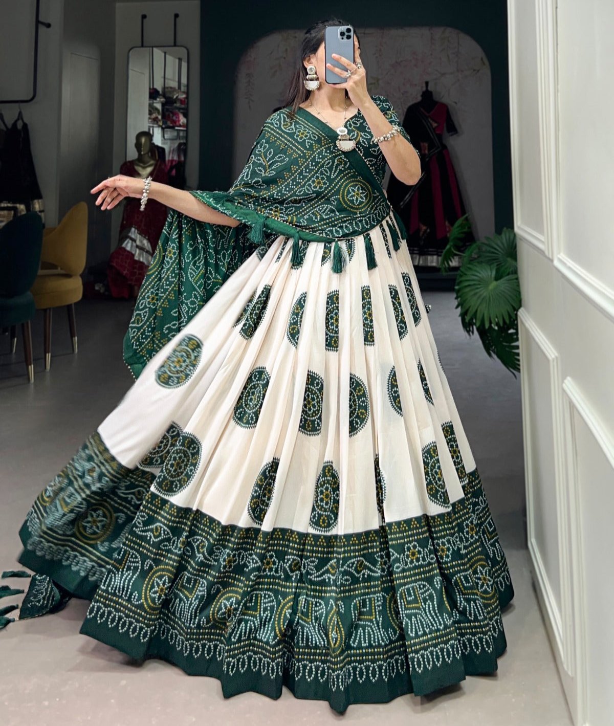 GREEN COLOR BANDHEJ PRINT WITH TUSSAR SILK LEHENGA CHOLI