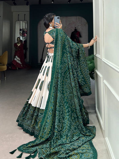 GREEN COLOR BANDHEJ PRINT WITH TUSSAR SILK LEHENGA CHOLI