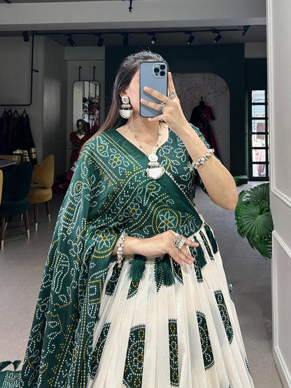 GREEN COLOR BANDHEJ PRINT WITH TUSSAR SILK LEHENGA CHOLI