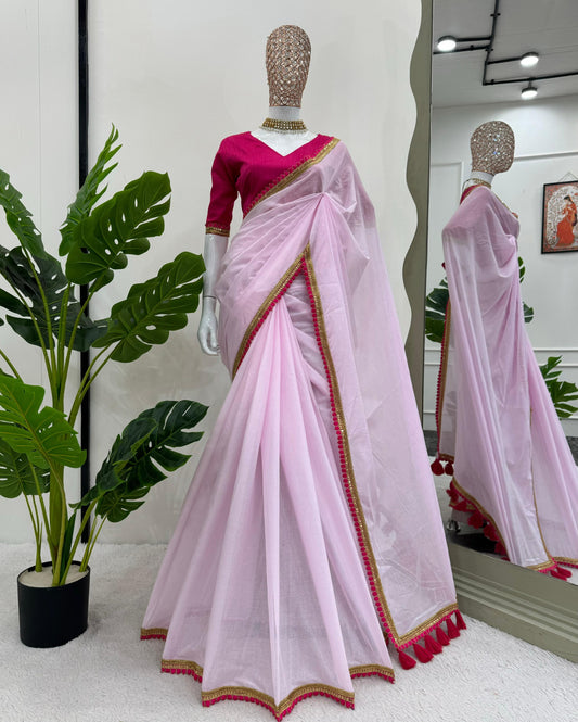 Baby Pink Mul Cotton Saree