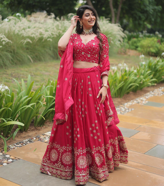 Red Color Thread Embroidered Sequins With Rangoli Silk Lehenga