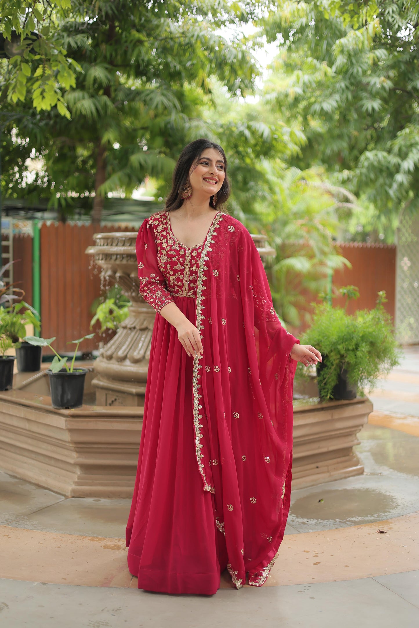 Red Faux Blooming Rich Sequins Embroidered Gown With Dupatta