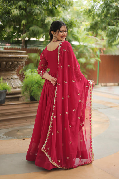 Red Faux Blooming Rich Sequins Embroidered Gown With Dupatta