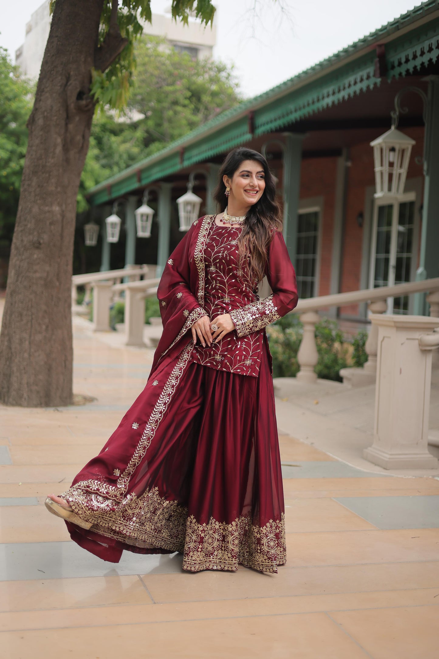 Heavy Sequins & Thread Embroidered With Rangoli Silk Kurta Plazzo Set