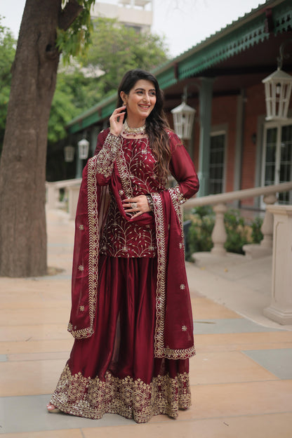 Heavy Sequins & Thread Embroidered With Rangoli Silk Kurta Plazzo Set