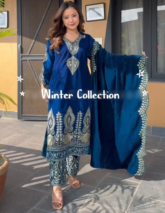 Dark Blue Embroidery and Sequins Work With Viscose Velvet 3pc Kurta Set