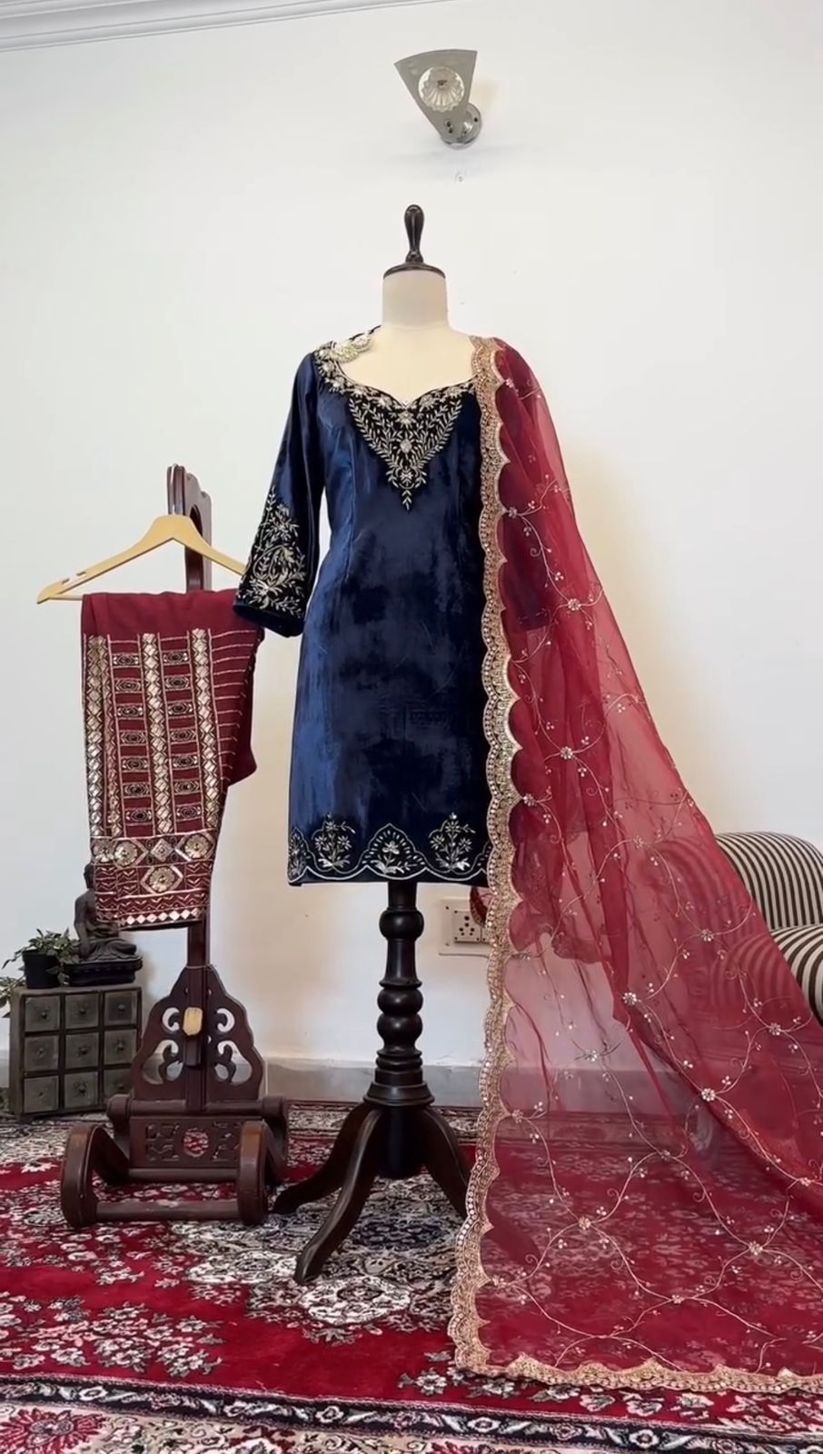 Navy Blue Color Viscose Velvet Kurti Pant With Cutwork Dupatta Set