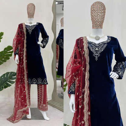 Navy Blue Color Viscose Velvet Kurti Pant With Cutwork Dupatta Set