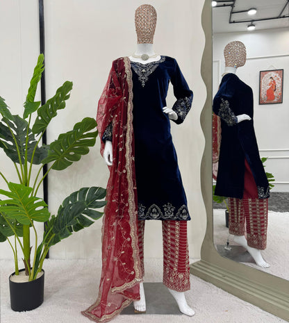 Navy Blue Color Viscose Velvet Kurti Pant With Cutwork Dupatta Set