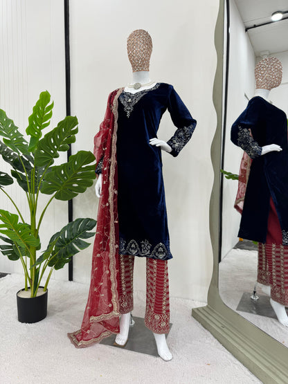 Navy Blue Color Viscose Velvet Kurti Pant With Cutwork Dupatta Set