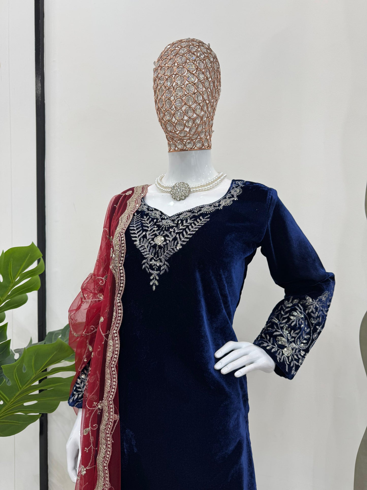 Navy Blue Color Viscose Velvet Kurti Pant With Cutwork Dupatta Set