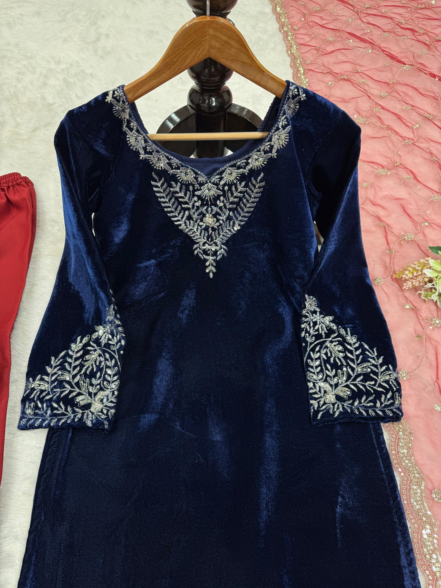 Navy Blue Color Viscose Velvet Kurti Pant With Cutwork Dupatta Set