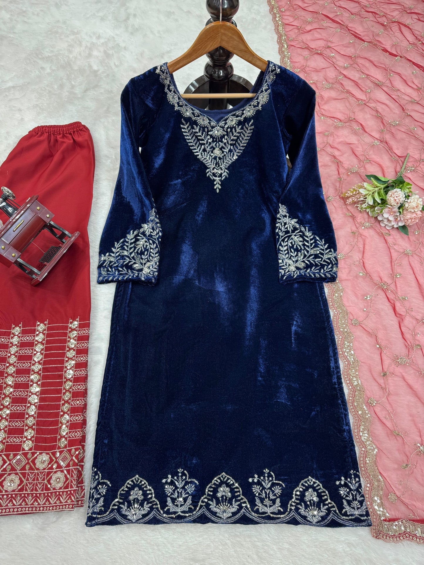 Navy Blue Color Viscose Velvet Kurti Pant With Cutwork Dupatta Set