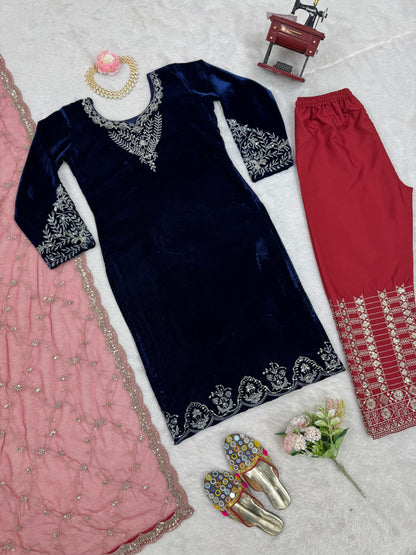 Navy Blue Color Viscose Velvet Kurti Pant With Cutwork Dupatta Set