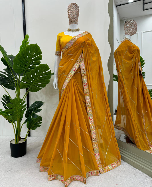 Yellow Faux Georgette With Coding Embroidery Work Saree