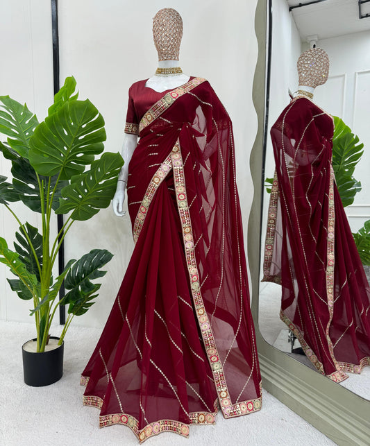 Maroon Faux Georgette With Coding Embroidery Work Saree