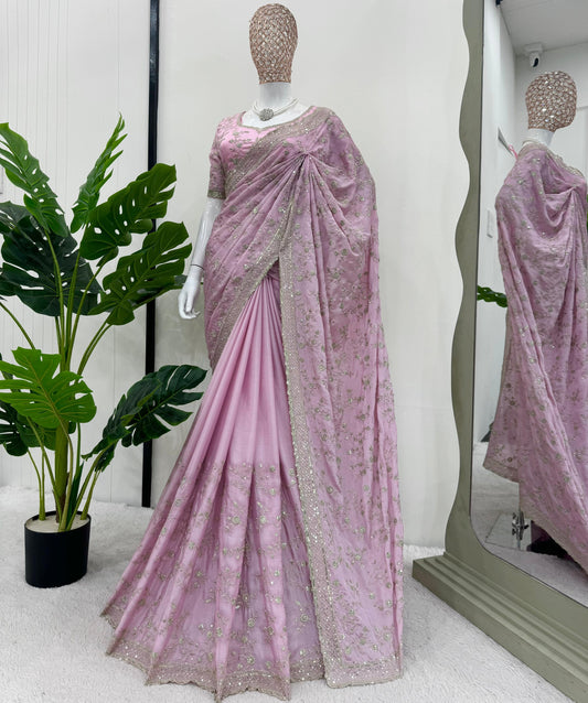 Light Pink Heavy Chinon Silk Saree