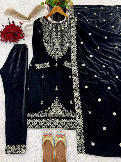 NAVELI Black Viscose Heavy Velvet  3pc Kurta Set